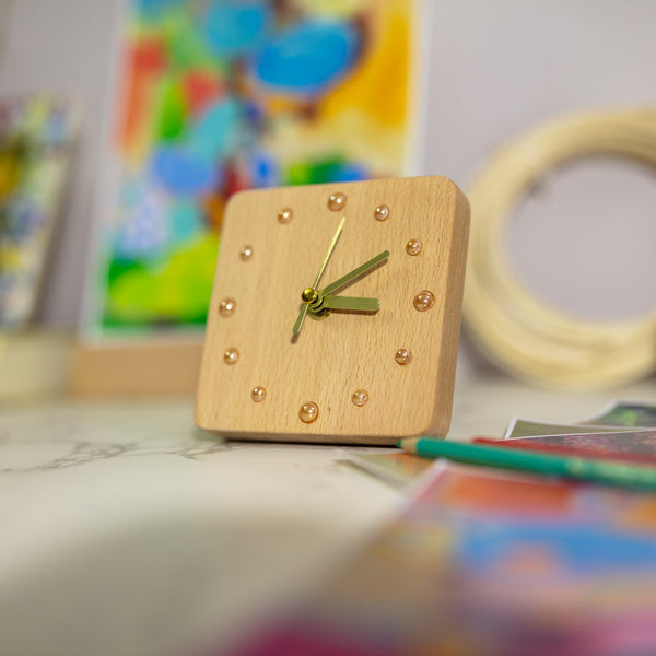 Handcrafted Beechwood Desk Clock with Ceramic Bead Markers - Unique Artisanal Home Decor Piece - Eco-Friendly Design, Perfect Gift Option-ArtWorkCrafts.com