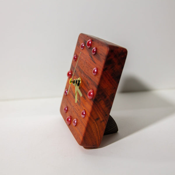African Padauk Wood Desk Clock - Artisan Crafted Timepiece with Red Ceramic Beads - Unique Home Decor - Thoughtful Gift Option - Silent-ArtWorkCrafts.com