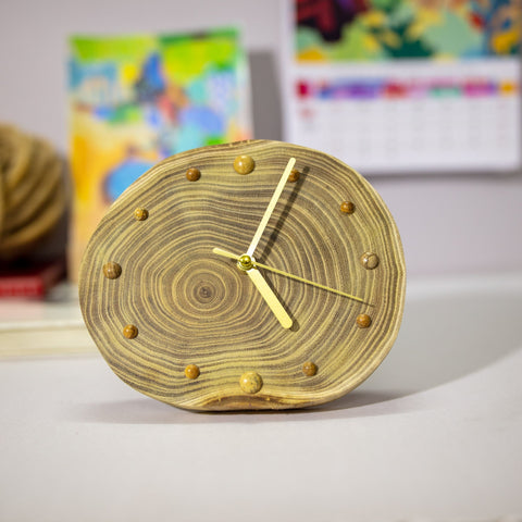 Unique Handcrafted Desktop Clock: Artisan-designed, Locust Wood Dial, Jupiter Stone Beads, Eco-Friendly, Silent Operation, Gift Ready-ArtWorkCrafts.com