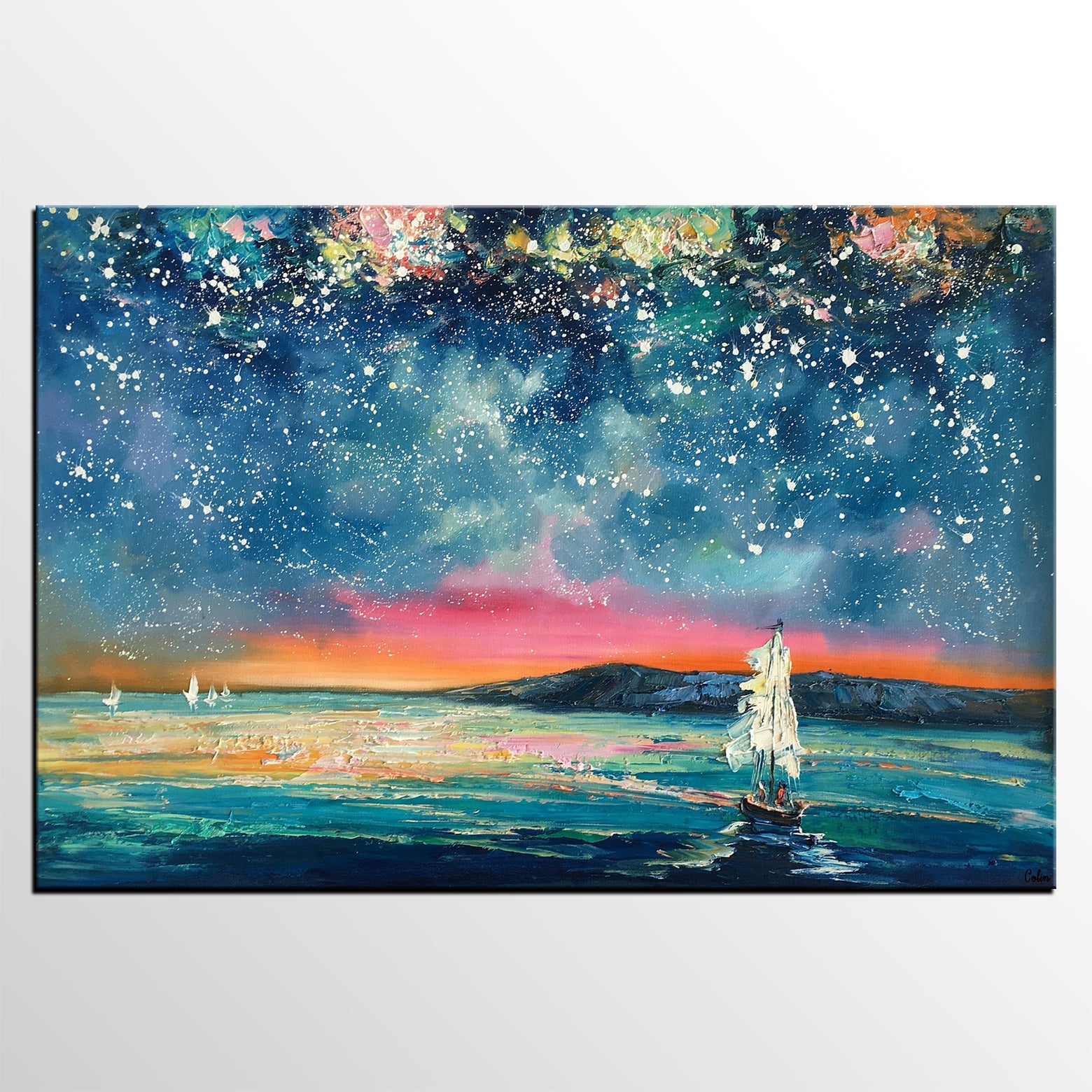 Landscape Oil Paintings, Sail Boat under Starry Night Sky Painting, Landscape Canvas Paintings, Custom Landscape Wall Art Paintings for Living Room-ArtWorkCrafts.com