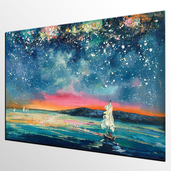 Landscape Oil Paintings, Sail Boat under Starry Night Sky Painting, Landscape Canvas Paintings, Custom Landscape Wall Art Paintings for Living Room-ArtWorkCrafts.com