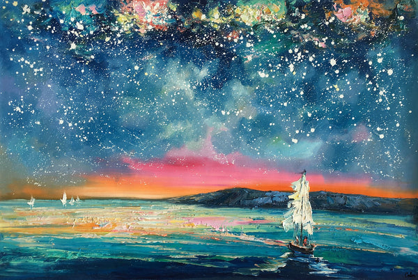 Landscape Oil Paintings, Sail Boat under Starry Night Sky Painting, Landscape Canvas Paintings, Custom Landscape Wall Art Paintings for Living Room-ArtWorkCrafts.com