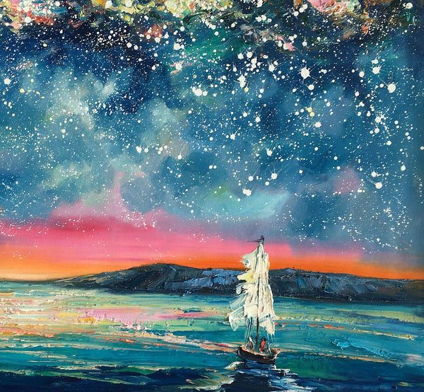 Landscape Oil Paintings, Sail Boat under Starry Night Sky Painting, Landscape Canvas Paintings, Custom Landscape Wall Art Paintings for Living Room-ArtWorkCrafts.com