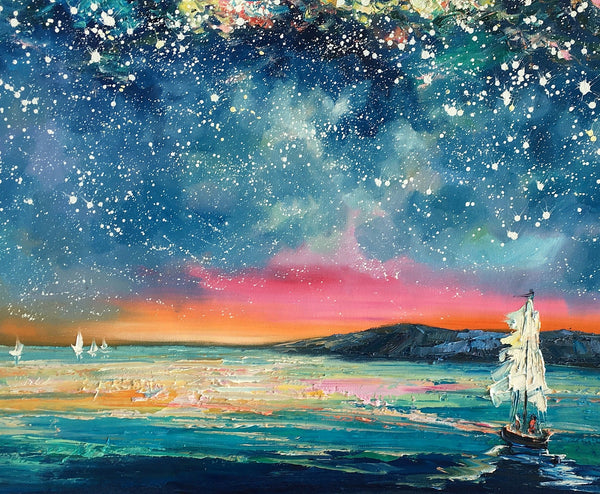 Landscape Oil Paintings, Sail Boat under Starry Night Sky Painting, Landscape Canvas Paintings, Custom Landscape Wall Art Paintings for Living Room-ArtWorkCrafts.com