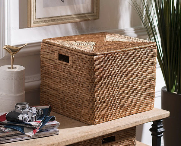 Large Storage Baskets for Clothes, Laundry Woven Baskets, Rattan Storage Baskets for Shelves, Kitchen Storage Baskets, Rectangular Storage Basket with Lid-ArtWorkCrafts.com