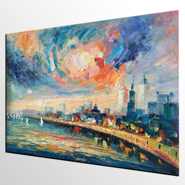 Abstract Landscape Painting, Original Oil Painting on Canvas, Custom Cityscape Painting, Palette Knife Painting-ArtWorkCrafts.com