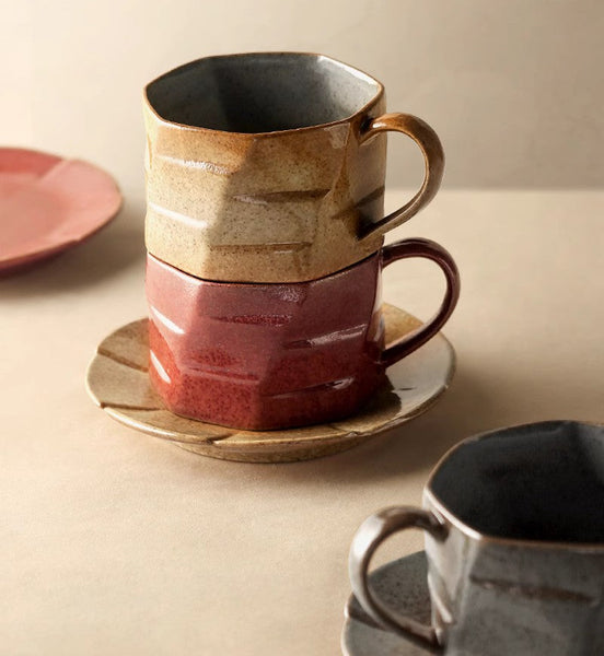 Unique Tea Cup and Saucer, Modern Handmade Pottery Coffee Cup, Creative Ceramic Coffee Cup with Saucer, Tea Cup Set for Afternoon Tea-ArtWorkCrafts.com