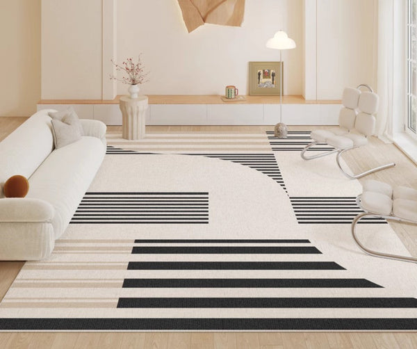 Modern Rugs for Dining Room, Contemporary Modern Rugs, Modern Rugs for Living Room, Black Stripe Abstract Contemporary Rugs Next to Bed-ArtWorkCrafts.com