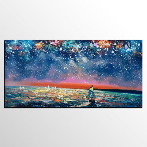 Bedroom Canvas Art, Landscape Painting, Boat under Starry Night Sky Painting, Custom Large Painting-ArtWorkCrafts.com