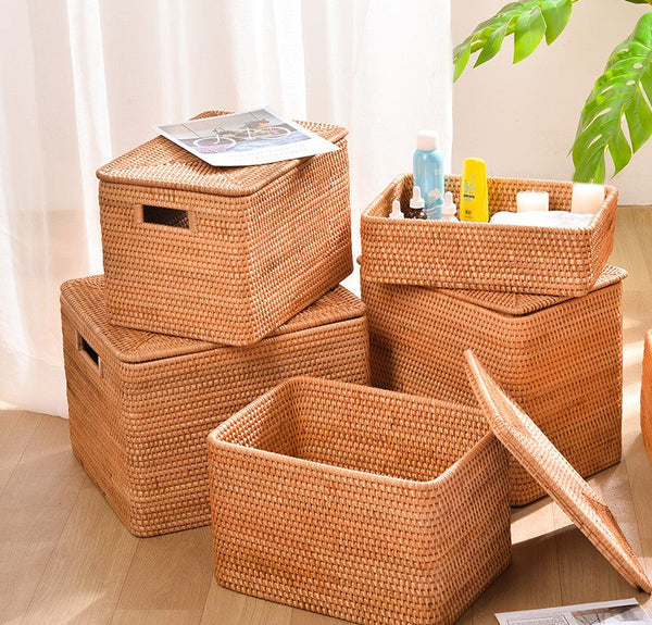 Rectangular Storage Basket with Lid, Rattan Basket, Storage Basket for Shelves, Storage Baskets for Bathroom, Bedroom Storage Baskets-ArtWorkCrafts.com