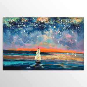 Landscape Canvas Painting, Large Canvas Wall Art, Starry Night Sky Painting, Custom Canvas Painting for Bedroom-ArtWorkCrafts.com