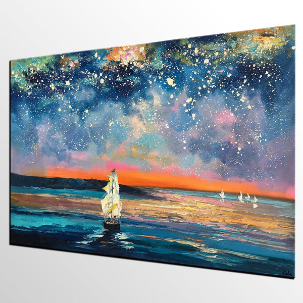 Landscape Canvas Painting, Large Canvas Wall Art, Starry Night Sky Painting, Custom Canvas Painting for Bedroom-ArtWorkCrafts.com