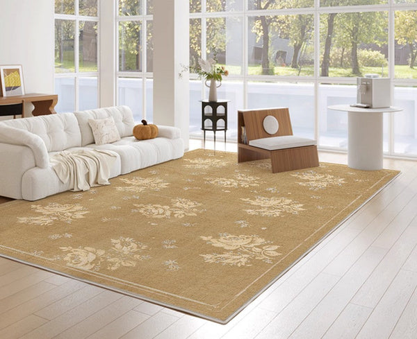 Flower Pattern French Style Modern Rugs for Dining Room, Contemporary Modern Rugs, Mid Century Modern Rugs for Interior Design, Yellow Soft Rugs under Coffee Table-ArtWorkCrafts.com