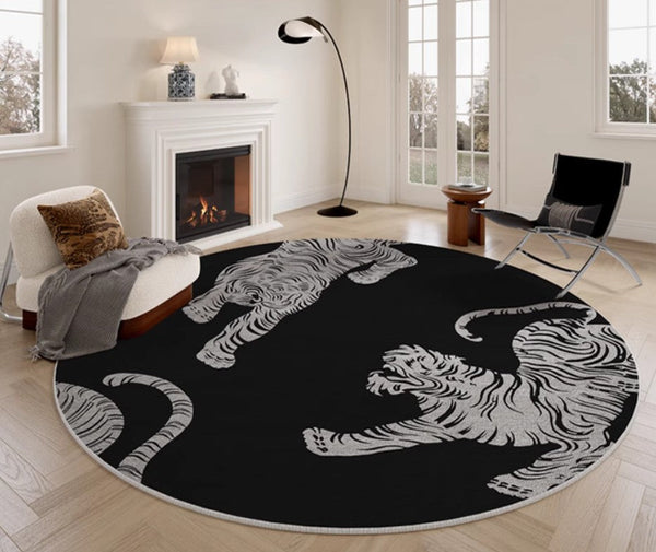 Modern Rugs for Dining Room, Tiger Black Modern Rugs for Bathroom, Abstract Contemporary Round Rugs, Circular Modern Rugs under Coffee Table-ArtWorkCrafts.com