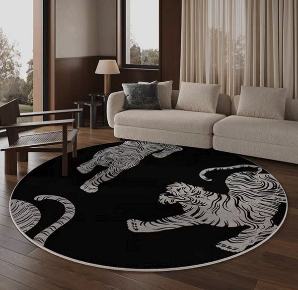 Modern Rugs for Dining Room, Tiger Black Modern Rugs for Bathroom, Abstract Contemporary Round Rugs, Circular Modern Rugs under Coffee Table-ArtWorkCrafts.com