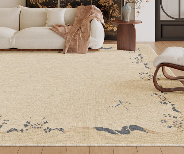 Cream Color Flower Pattern Rugs under Coffee Table, Large Modern Rugs for Bedroom, Modern Rugs for Living Room, Contemporary Modern Rugs for Dining Room-ArtWorkCrafts.com