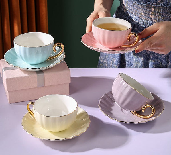 Unique Tea Cups and Saucers in Gift Box as Birthday Gift, Elegant Macaroon Ceramic Coffee Cups, Beautiful British Tea Cups, Creative Bone China Porcelain Tea Cup Set-ArtWorkCrafts.com