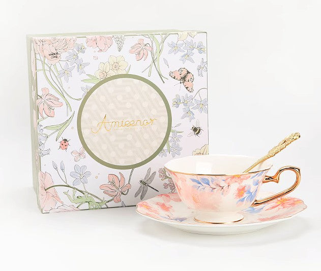 Flower Bone China Porcelain Tea Cup Set, Unique Tea Cup and Saucer in Gift Box,British Royal Ceramic Cups for Afternoon Tea, Elegant Ceramic Coffee Cups-ArtWorkCrafts.com