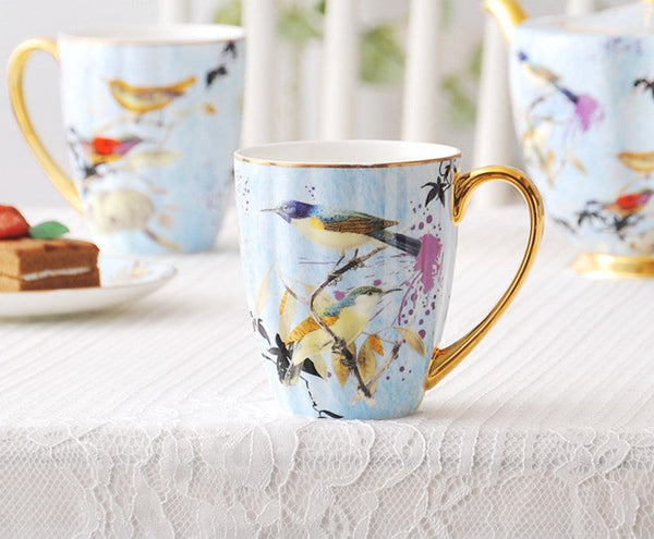 Large Creative Bone China Porcelain Mug, Elegant Blue Ceramic Coffee Mug, Beautiful Bird Flower Ceramic Mug, Large Capacity Ceramic Mugs for Office-ArtWorkCrafts.com