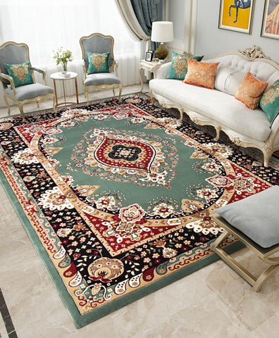 Large Oriental Floor Carpets under Dining Room Table, Luxury Thick and Soft Green Rugs for Living Room, Large Royal Flower Pattern Floor Rugs in Bedroom-ArtWorkCrafts.com