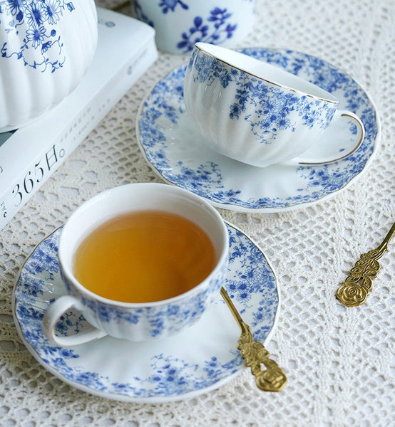 Blue Bone China Porcelain Tea Cup Set, British Royal Ceramic Cups for Afternoon Tea, Unique Blue Tea Cup and Saucer in Gift Box, Elegant Ceramic Coffee Cups-ArtWorkCrafts.com