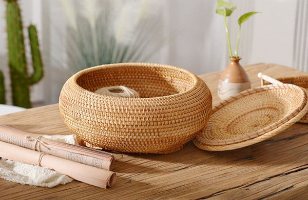 Rattan Storage Basket for Kitchen, Storage Basket for Picnic, Small Storage Baskets, Round Storage Basket with Lid, Woven Storage Baskets-ArtWorkCrafts.com