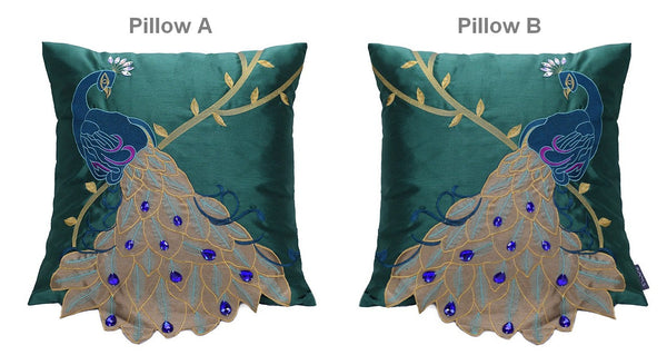 Decorative Sofa Pillows, Decorative Pillows for Couch, Beautiful Decorative Throw Pillows, Green Embroider Peacock Cotton and linen Pillow Cover-ArtWorkCrafts.com