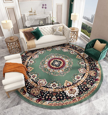 Large Modern Rugs under Piano, Royal Round Rugs in Living Room, Luxury Green Round Rugs under Coffee Table, Large Floor Carpets in Bedroom-ArtWorkCrafts.com