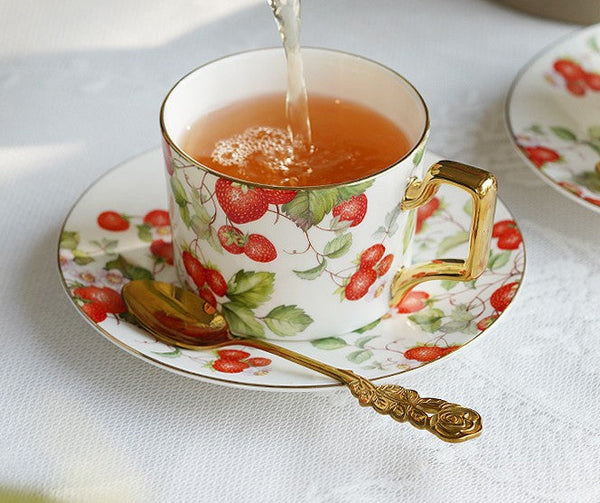 Strawberry Bone China Porcelain Tea Cup Set, Elegant Ceramic Coffee Cups, British Royal Ceramic Cups for Afternoon Tea, Unique Blue Tea Cup and Saucer in Gift Box-ArtWorkCrafts.com