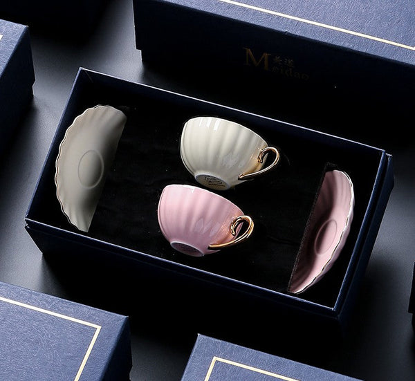 Unique Tea Cups and Saucers in Gift Box as Birthday Gift, Elegant Macaroon Ceramic Coffee Cups, Beautiful British Tea Cups, Creative Bone China Porcelain Tea Cup Set-ArtWorkCrafts.com