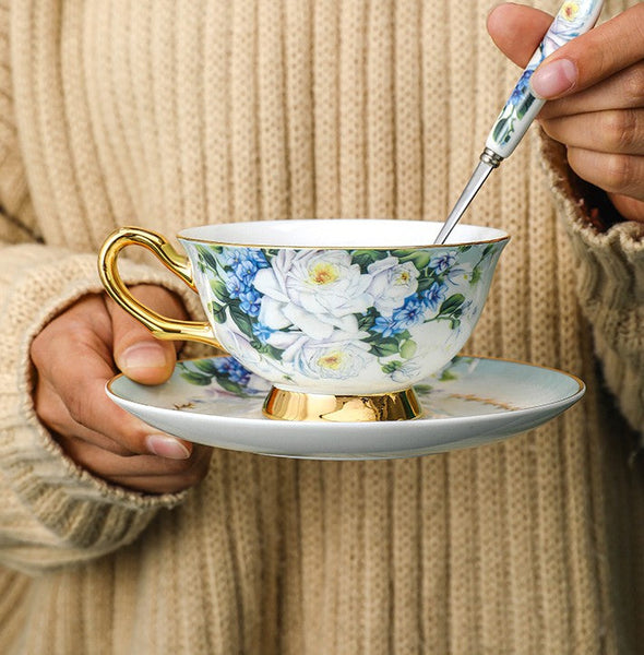 Elegant British Ceramic Coffee Cups, Unique Tea Cup and Saucer in Gift Box, Royal Bone China Porcelain Tea Cup Set, Rose Flower Pattern Ceramic Cups-ArtWorkCrafts.com