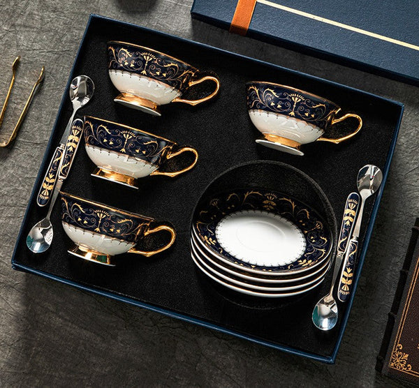 Bone China Porcelain Tea Cup Set, Unique Blue Tea Cup and Saucer in Gift Box, Royal Ceramic Cups, Elegant Ceramic Coffee Cups-ArtWorkCrafts.com