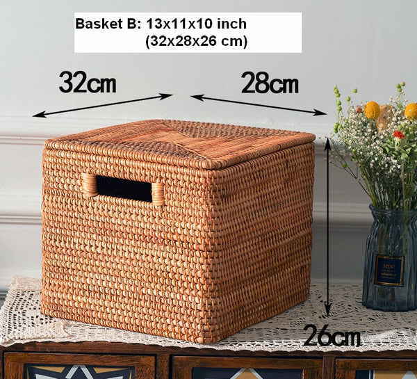 Rectangular Storage Basket with Lid, Woven Rattan Storage Basket for Shelves, Storage Baskets for Bedroom, Pantry Storage Baskets-ArtWorkCrafts.com