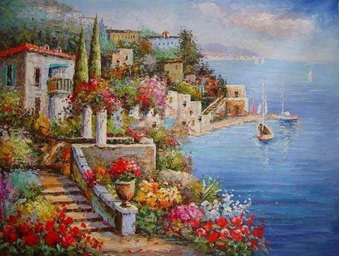 Mediterranean Sea Painting, Canvas Painting, Landscape Painting, Wall Art, Large Painting, Bedroom Wall Art, Oil Painting, Canvas Wall Art, Seascape, Spain Summer Resort-ArtWorkCrafts.com