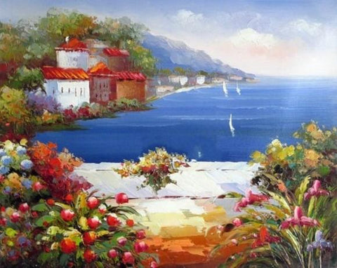 Mediterranean Sea Art, Canvas Painting, Landscape Painting, Wall Art, Abstract Painting, Bedroom Wall Art, Oil Painting, Canvas Wall Art, Seascape Art, Spain Summer Resort-ArtWorkCrafts.com