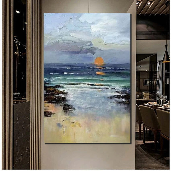 Contemporary Abstract Art for Dining Room, Seashore Sunrise Paintings, Living Room Canvas Art Ideas, Large Landscape Painting, Simple Modern Art-ArtWorkCrafts.com