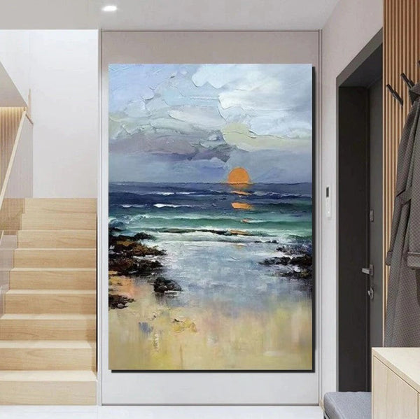 Contemporary Abstract Art for Dining Room, Seashore Sunrise Paintings, Living Room Canvas Art Ideas, Large Landscape Painting, Simple Modern Art-ArtWorkCrafts.com