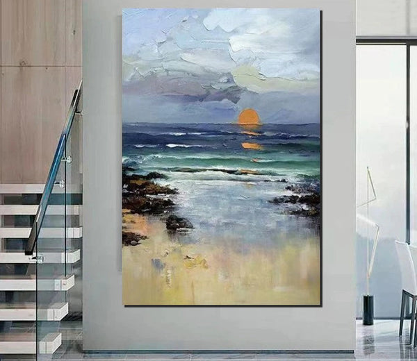 Contemporary Abstract Art for Dining Room, Seashore Sunrise Paintings, Living Room Canvas Art Ideas, Large Landscape Painting, Simple Modern Art-ArtWorkCrafts.com