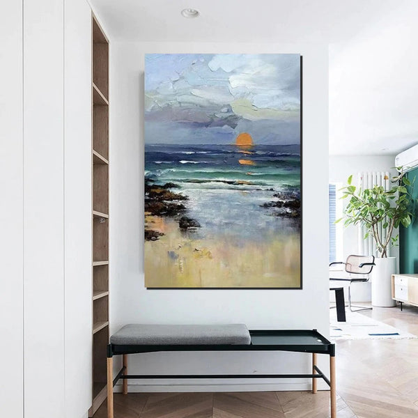 Contemporary Abstract Art for Dining Room, Seashore Sunrise Paintings, Living Room Canvas Art Ideas, Large Landscape Painting, Simple Modern Art-ArtWorkCrafts.com