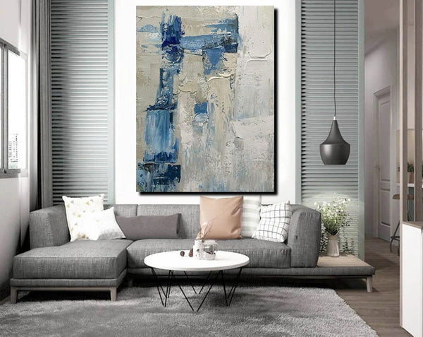 Simple Wall Art Ideas, Heavy Texture Painting, Blue Modern Abstract Painting, Bedroom Abstract Paintings, Large Acrylic Canvas Paintings-ArtWorkCrafts.com