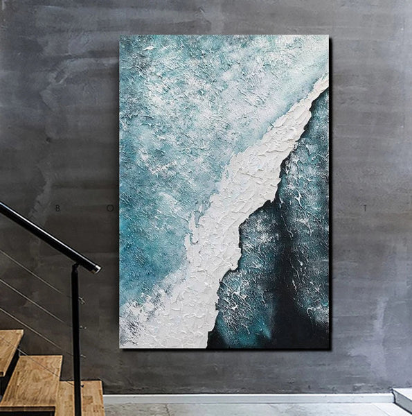 Large Wall Art Ideas, Impasto Painting, Blue Modern Abstract Painting, Living Room Abstract Paintings, Large Acrylic Canvas Paintings-ArtWorkCrafts.com