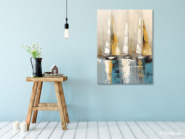 Large Painting Ideas for Living Room, Large Original Canvas Art for Bedroom, Sail Boat Canvas Painting, Modern Abstract Wall Art Paintings-ArtWorkCrafts.com