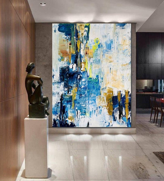 Living Room Abstract Paintings, Blue Modern Abstract Painting, Large Acrylic Canvas Paintings, Large Wall Art Ideas, Impasto Painting-ArtWorkCrafts.com