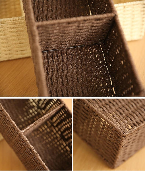 Woven Straw Storage basket with 3 Compartments, Wicker Storage Basket, Rectangle Storage Basket for Living Room-ArtWorkCrafts.com