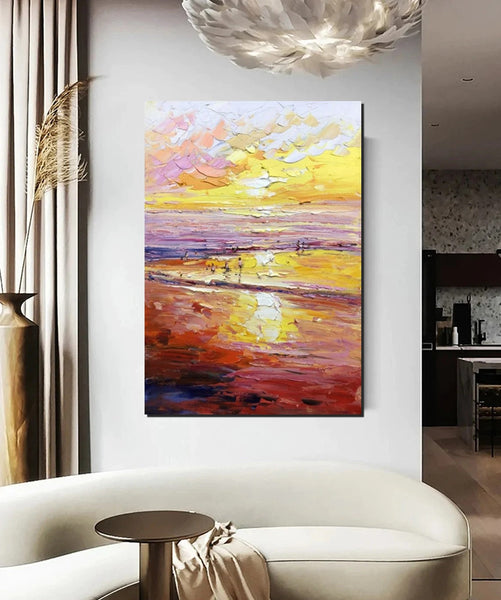 Canvas Paintings for Bedroom, Large Paintings on Canvas, Landscape Painting for Living Room, Sunrise Seashore Painting, Heavy Texture Paintings-ArtWorkCrafts.com