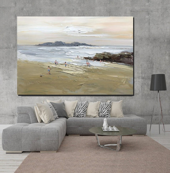 Acrylic Paintings on Canvas, Beach Seashore Paintings, Large Paintings for Bedroom, Landscape Painting for Living Room, Palette Knife Paintings-ArtWorkCrafts.com