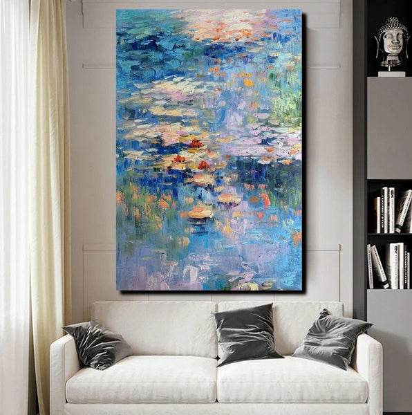 Acrylic Paintings on Canvas, Large Paintings for Bedroom, Landscape Painting for Living Room, Water Lily Paintings, Palette Knife Paintings-ArtWorkCrafts.com