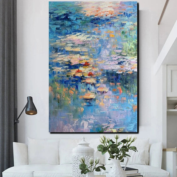 Acrylic Paintings on Canvas, Large Paintings for Bedroom, Landscape Painting for Living Room, Water Lily Paintings, Palette Knife Paintings-ArtWorkCrafts.com