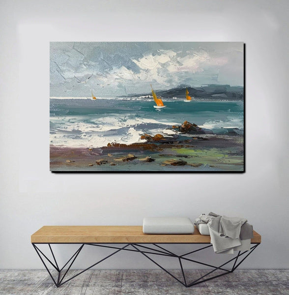 Large Paintings on Canvas, Canvas Paintings Behind Sofa, Landscape Painting for Living Room, Sail Boat at Sea Paintings, Heavy Texture Paintings-ArtWorkCrafts.com