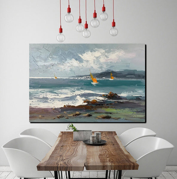 Large Paintings on Canvas, Canvas Paintings Behind Sofa, Landscape Painting for Living Room, Sail Boat at Sea Paintings, Heavy Texture Paintings-ArtWorkCrafts.com